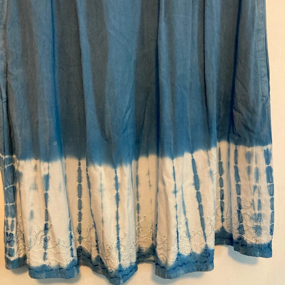 Raya Sun Dress SZ L Sky Blue Cotton Blend wood beaded and embroidered